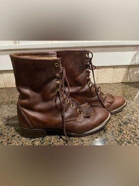 Vintage Laredo Roper Leather Lace-Up Boots, Size 9